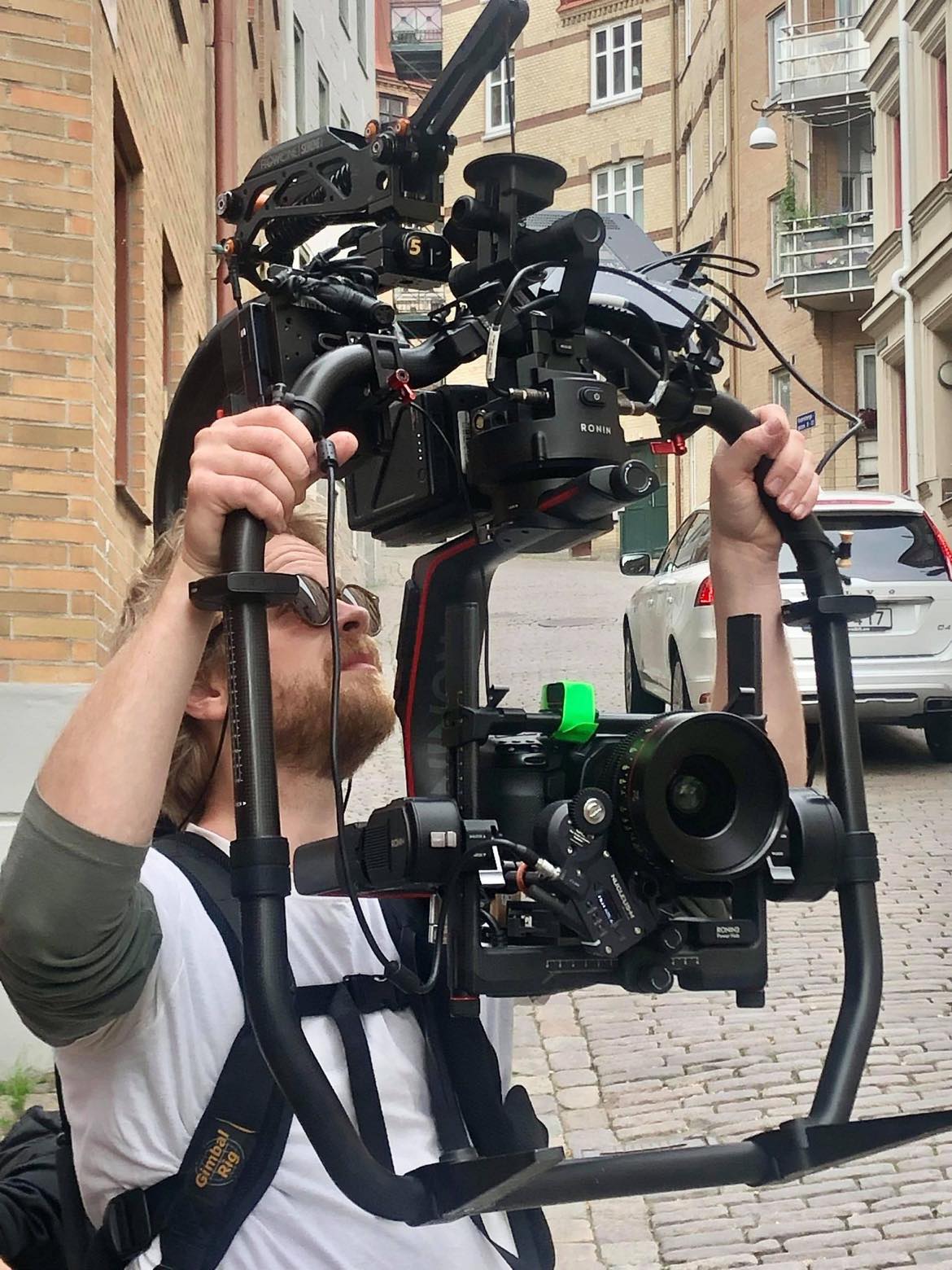 Eric operating a gimbal rig on a city street